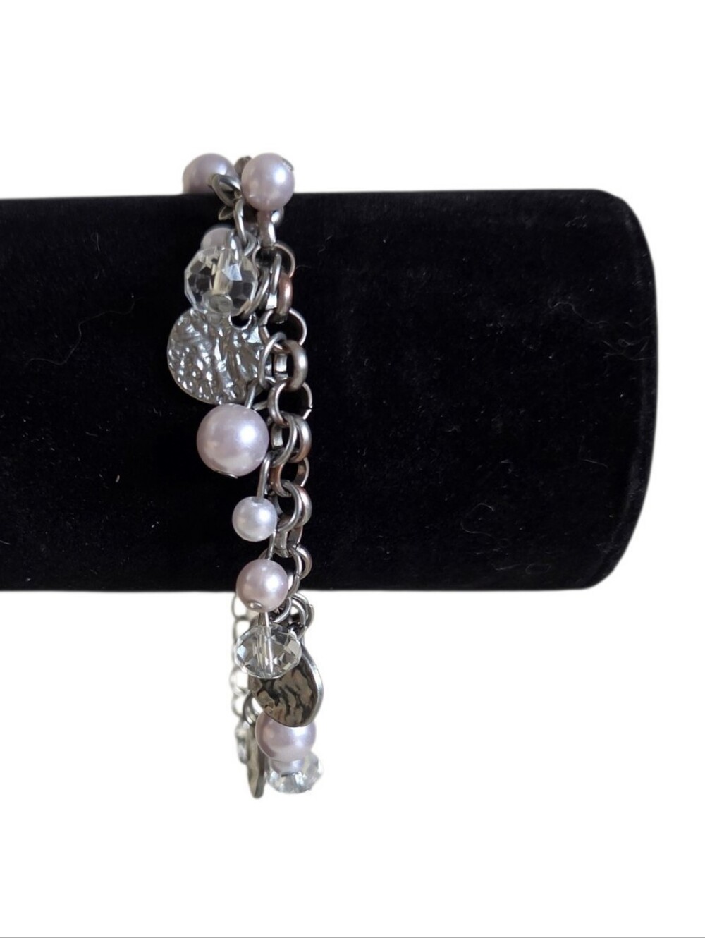 hammered disc fringe charm bracelet gunmetal faux pearl crystal